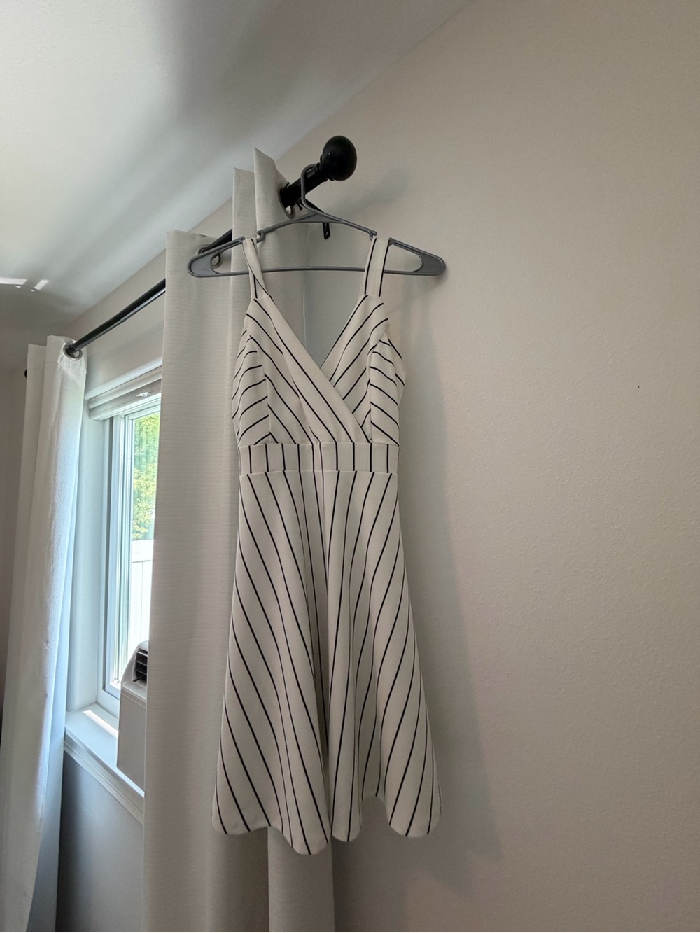 White & Black Striped V-Neck Fit-and-Flare Mini Dress